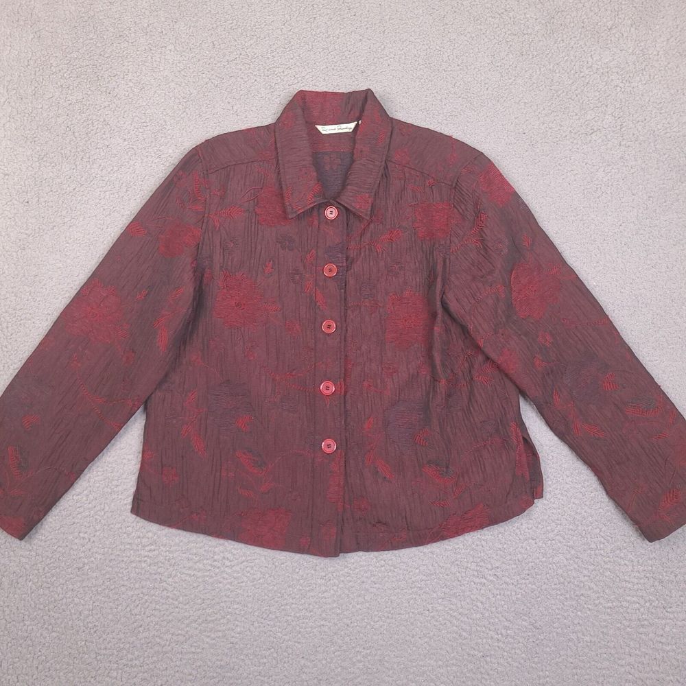 French Laundry Womens Large Embroidered Floral Red Button Jacket Lightweight
